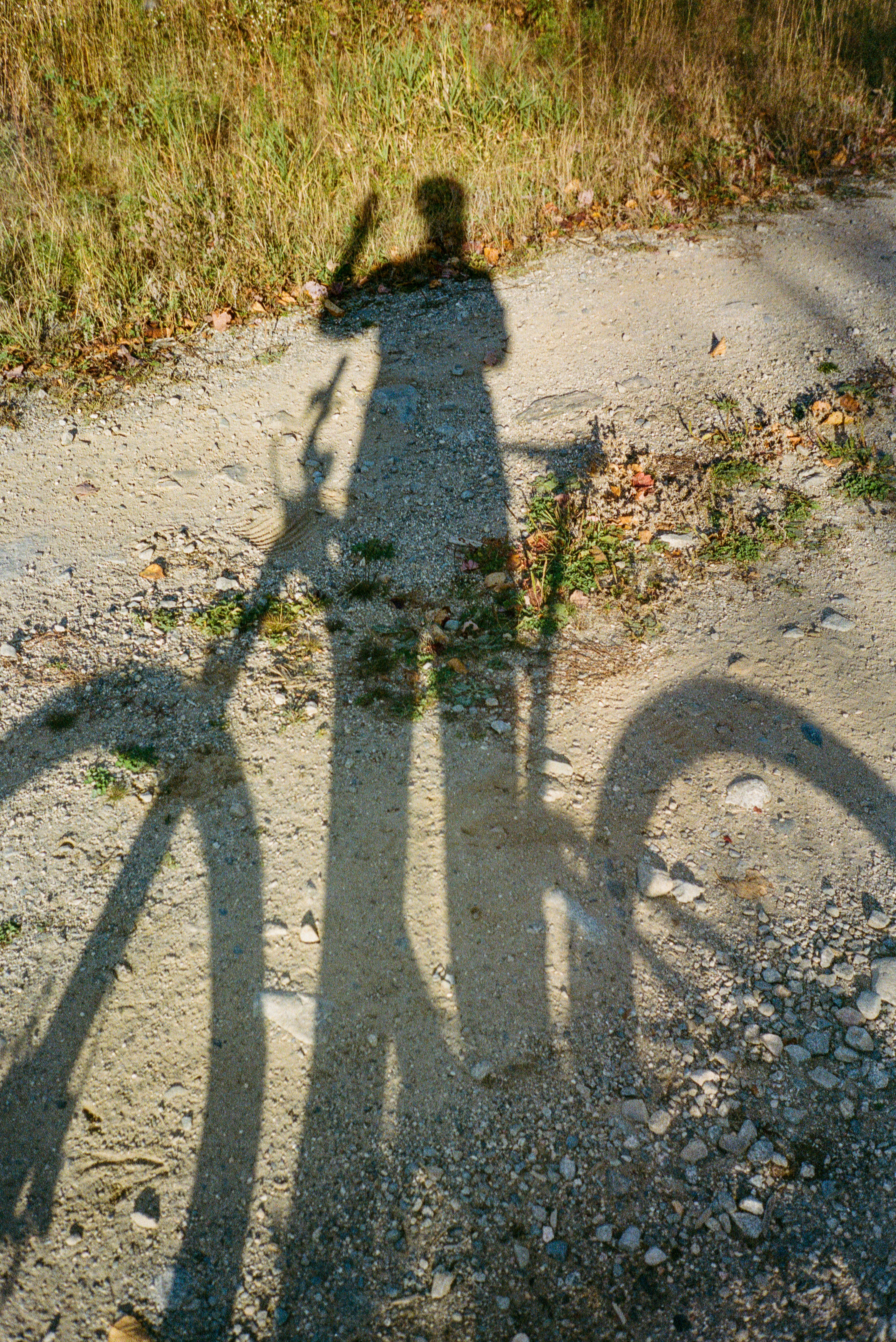 Long shadows of a cyclist and bicycle on a gravel trail