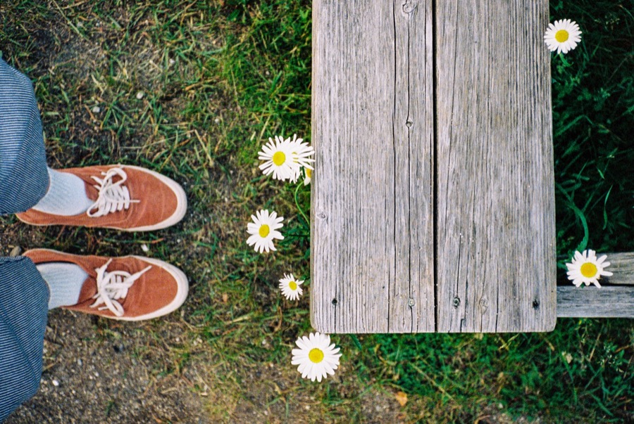 Feet and daisies on grass